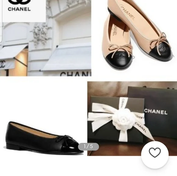 CHANEL Beige and Black Leather Cap-Toe Ballet Flats - Picture 11 of 15